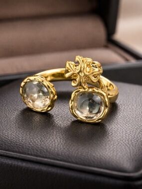 Tory Burch Gold Open Ring with Clear Cabochon Accents